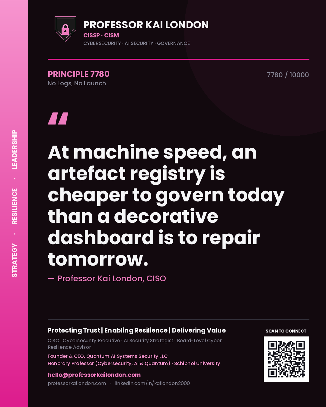 Quote card by Professor Kai London reading 'At machine speed, an artefact registry is cheaper to govern today than a decorative dashboard is to repair tomorrow.'. From the book No Logs, No Launch.