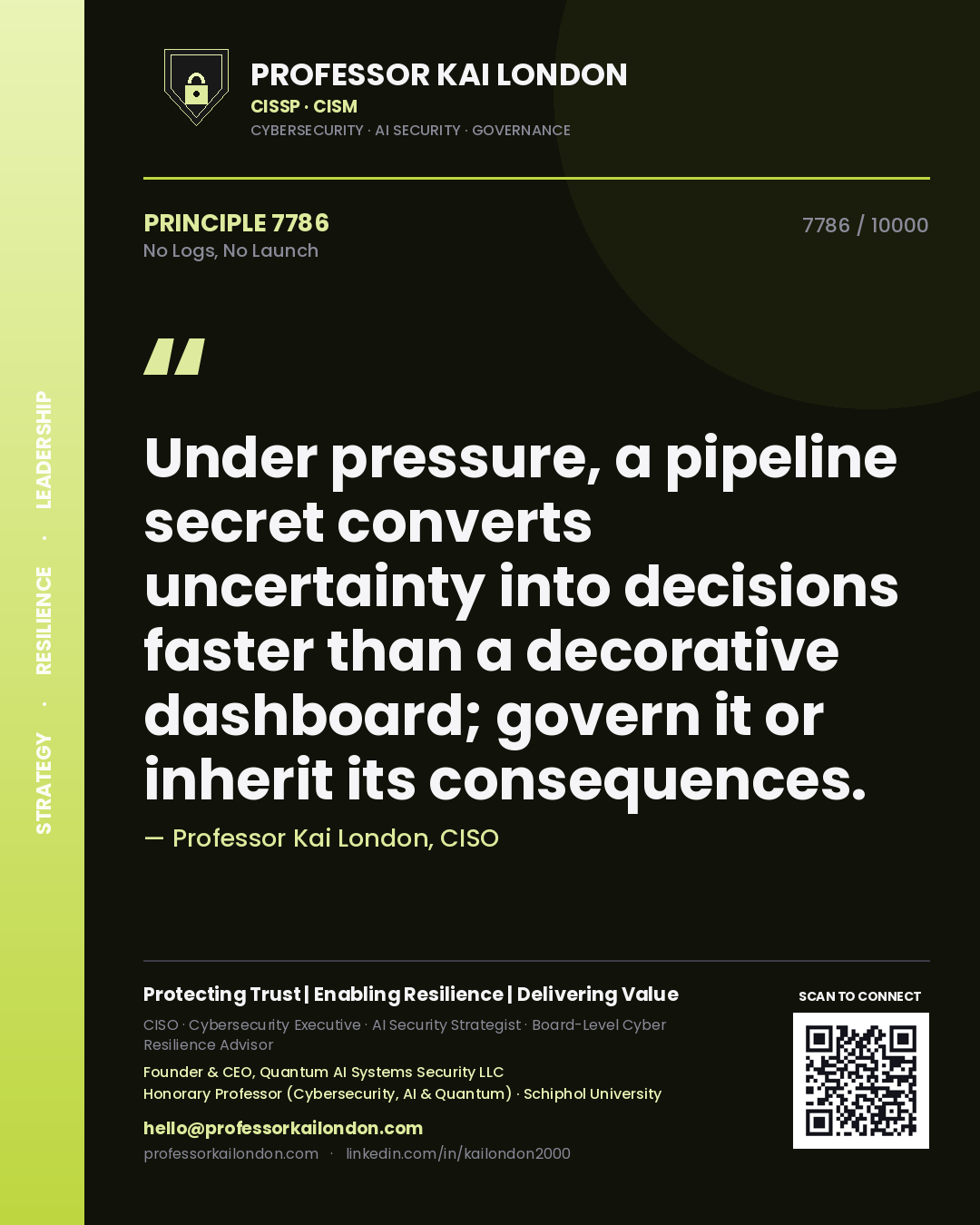 Quote card by Professor Kai London reading 'Under pressure, a pipeline secret converts uncertainty into decisions faster than a decorative dashboard; govern it or inherit its consequences.'. From the book No Logs, No Launch.