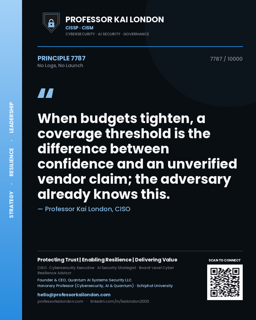 Quote card by Professor Kai London reading 'When budgets tighten, a coverage threshold is the difference between confidence and an unverified vendor claim; the adversary already knows this.'. From the book No Logs, No Launch.
