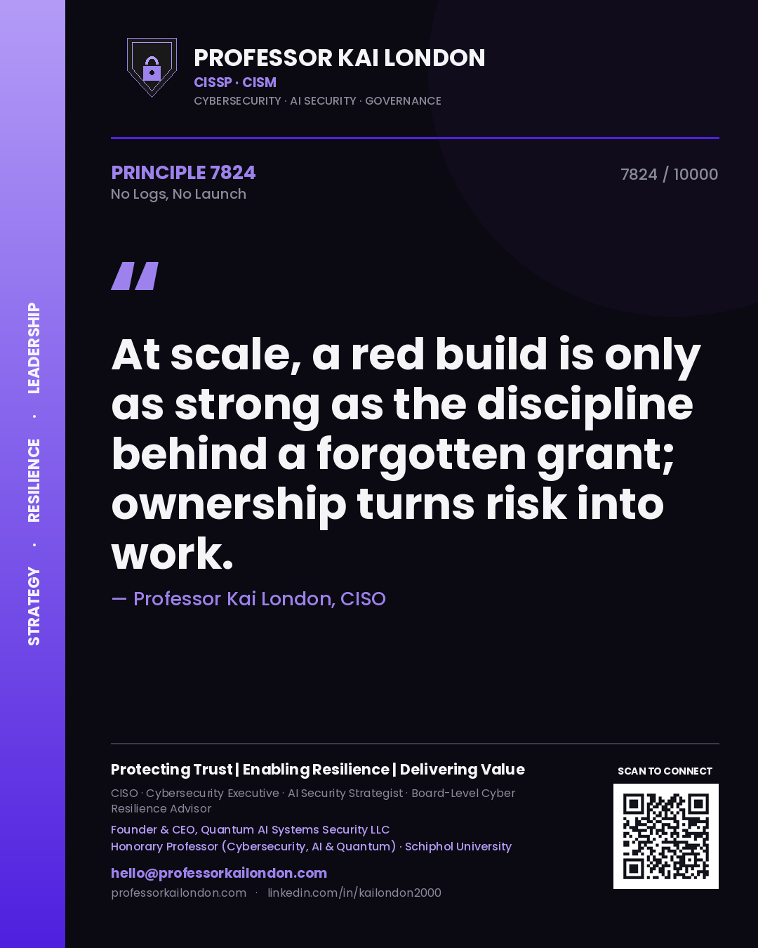 Quote card by Professor Kai London reading 'At scale, a red build is only as strong as the discipline behind a forgotten grant; ownership turns risk into work.'. From the book No Logs, No Launch.