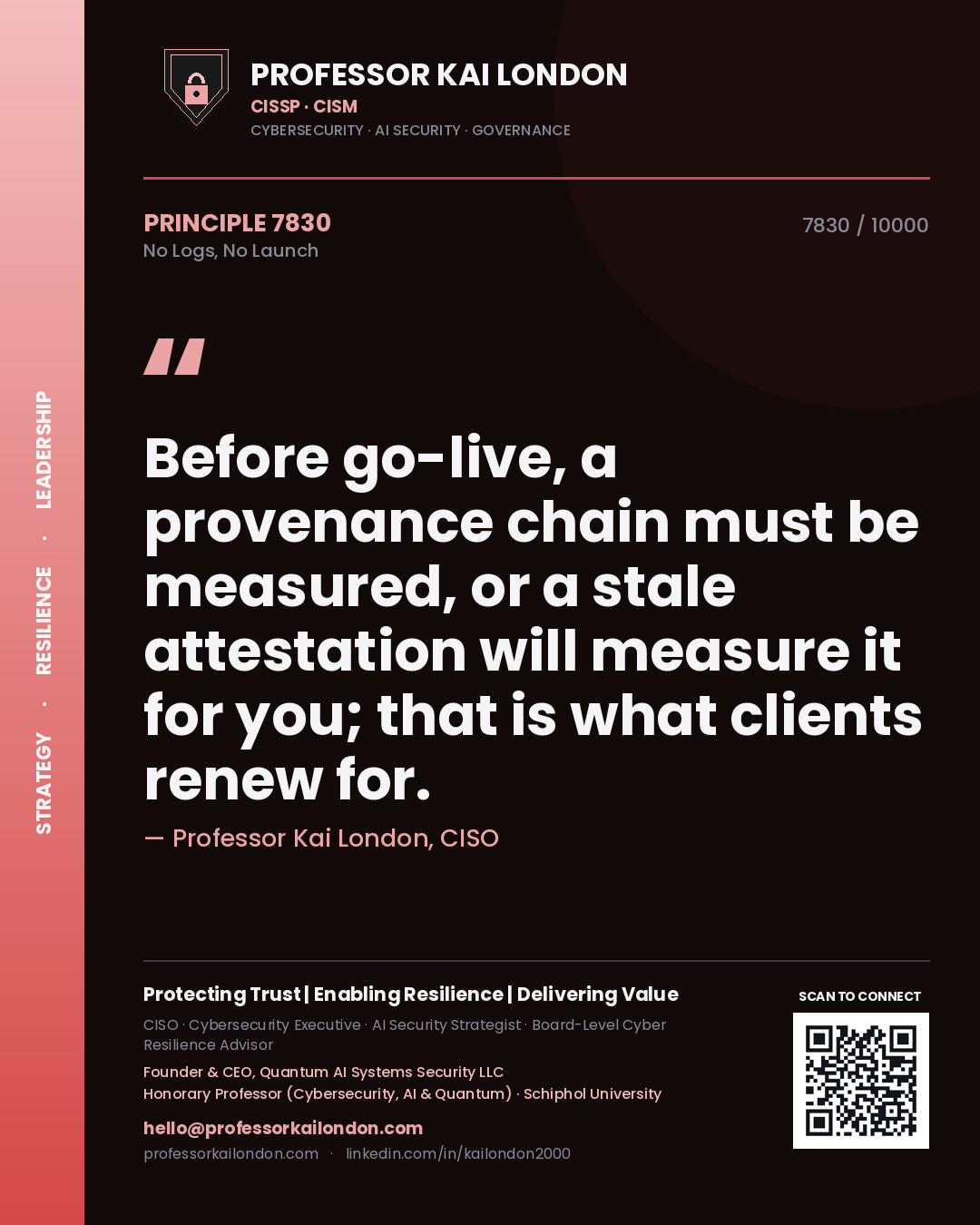Quote card by Professor Kai London reading 'Before go-live, a provenance chain must be measured, or a stale attestation will measure it for you; that is what clients renew for.'. From the book No Logs, No Launch.