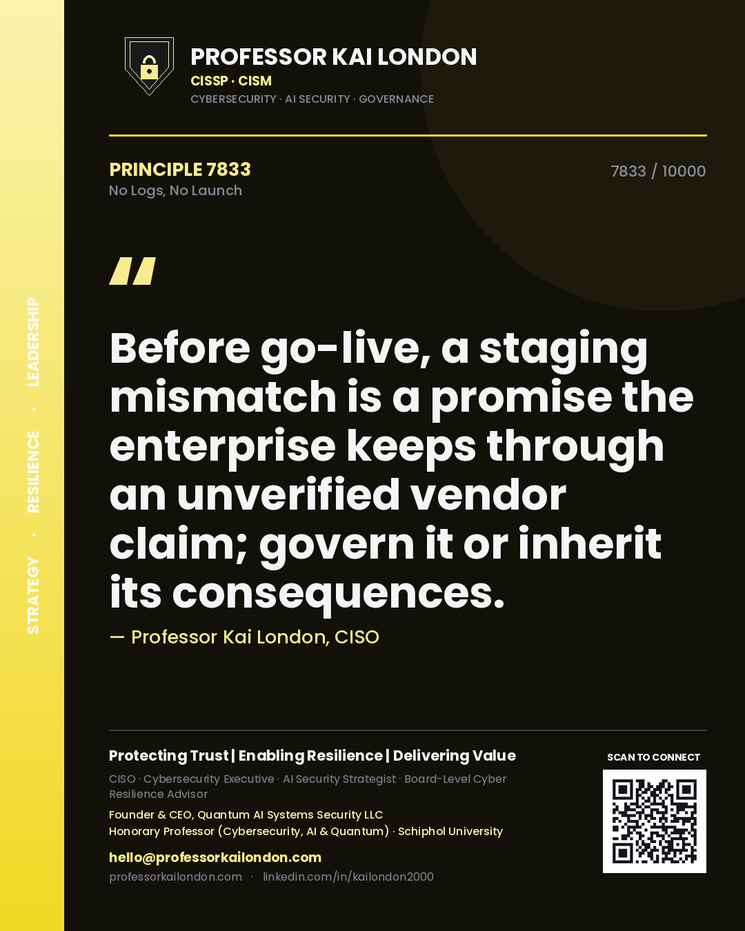Quote card by Professor Kai London reading 'Before go-live, a staging mismatch is a promise the enterprise keeps through an unverified vendor claim; govern it or inherit its consequences.'. From the book No Logs, No Launch.