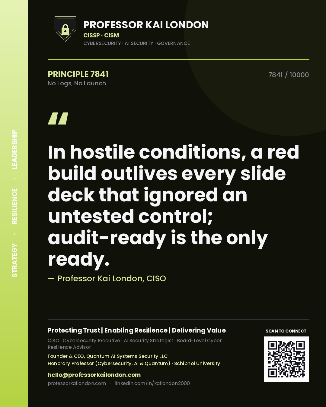 Professor Kai London principle 7841: In hostile conditions, a red build outlives every slide deck that ignored an untested control; audit-ready is the only ready.