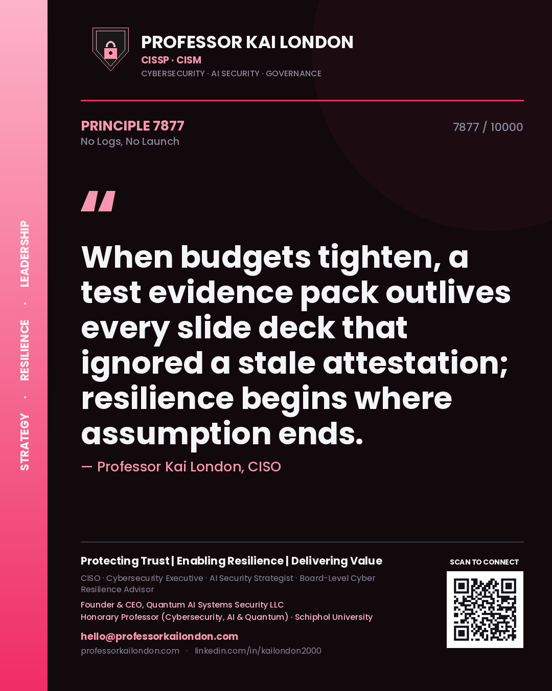 Quote card by Professor Kai London reading 'When budgets tighten, a test evidence pack outlives every slide deck that ignored a stale attestation; resilience begins where assumption ends.'. From the book No Logs, No Launch.
