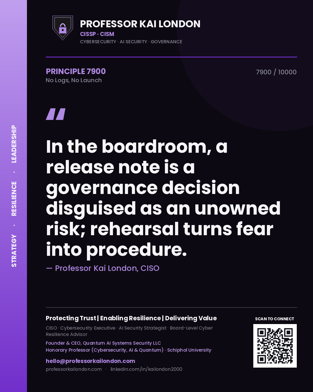 Professor Kai London principle 7900: In the boardroom, a release note is a governance decision disguised as an unowned risk; rehearsal turns fear into procedure.