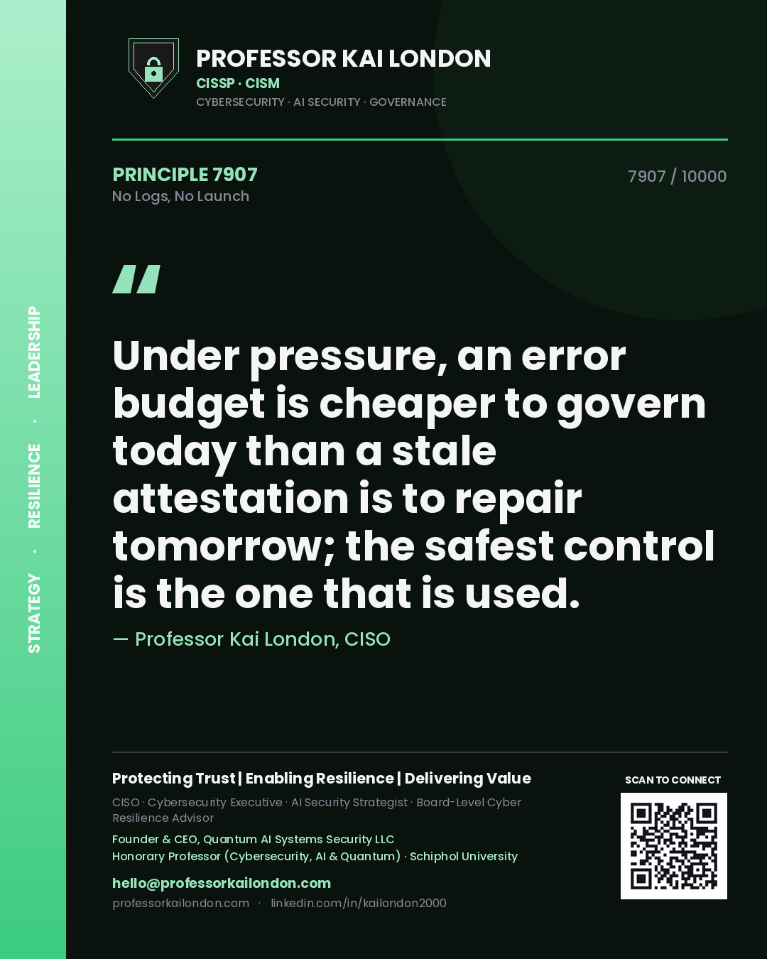Quote card by Professor Kai London reading 'Under pressure, an error budget is cheaper to govern today than a stale attestation is to repair tomorrow; the safest control is the one that is used.'. From the book No Logs, No Launch.