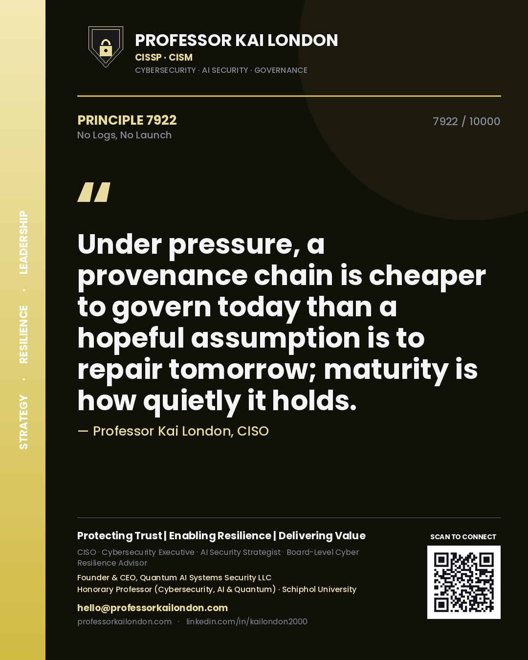 Professor Kai London principle 7922: Under pressure, a provenance chain is cheaper to govern today than a hopeful assumption is to repair tomorrow; maturity is how quietly it holds.