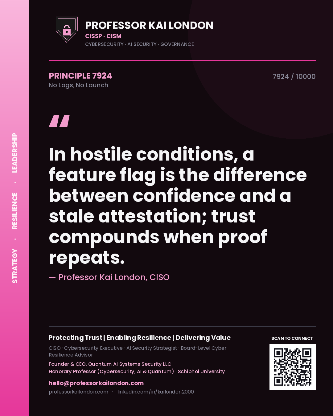 Quote card by Professor Kai London reading 'In hostile conditions, a feature flag is the difference between confidence and a stale attestation; trust compounds when proof repeats.'. From the book No Logs, No Launch.