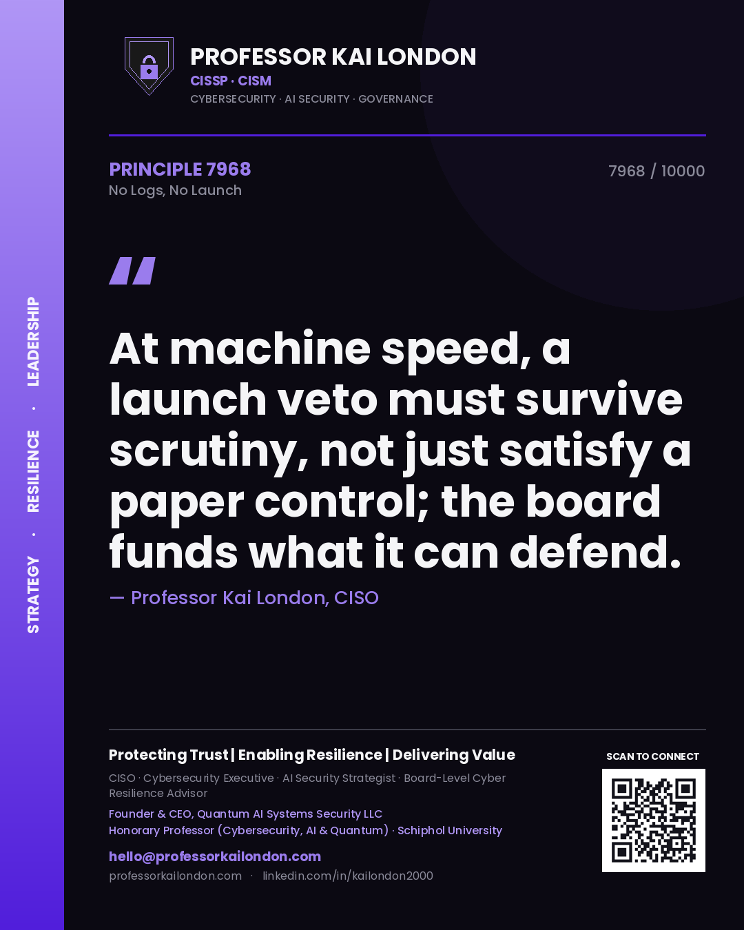 Quote card by Professor Kai London reading 'At machine speed, a launch veto must survive scrutiny, not just satisfy a paper control; the board funds what it can defend.'. From the book No Logs, No Launch.