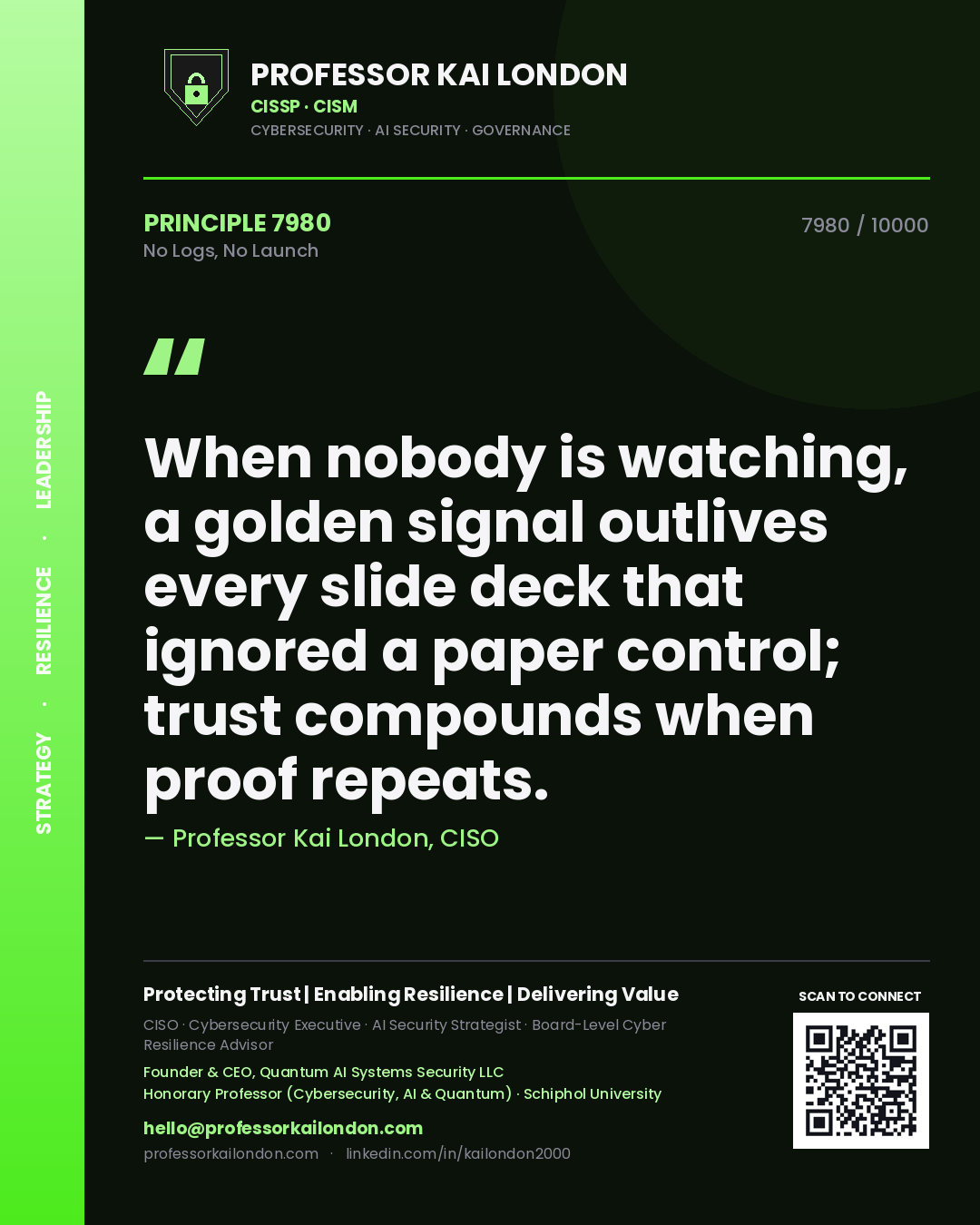 Professor Kai London principle 7980: When nobody is watching, a golden signal outlives every slide deck that ignored a paper control; trust compounds when proof repeats.