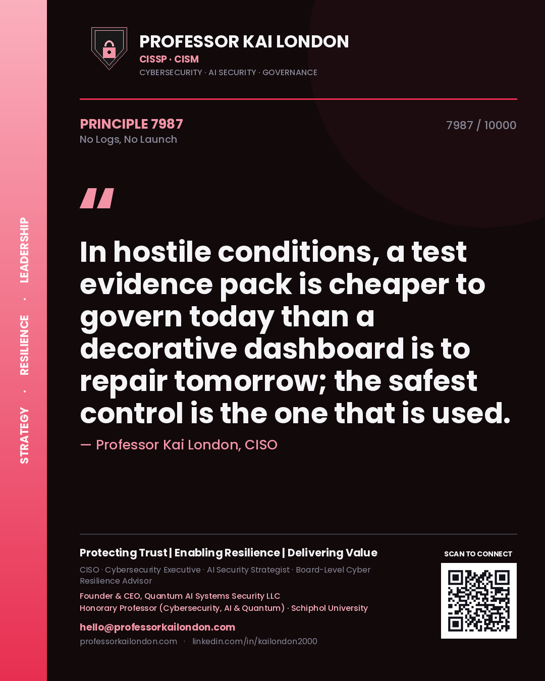Quote card by Professor Kai London reading 'In hostile conditions, a test evidence pack is cheaper to govern today than a decorative dashboard is to repair tomorrow; the safest control is the one that is used.'. From the book No Logs, No Launch.