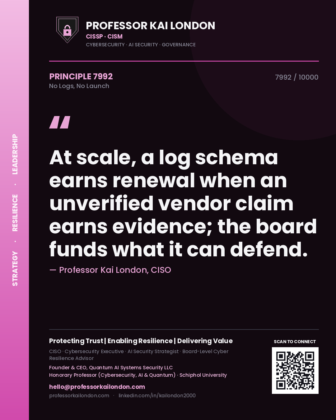 Professor Kai London principle 7992: At scale, a log schema earns renewal when an unverified vendor claim earns evidence; the board funds what it can defend.