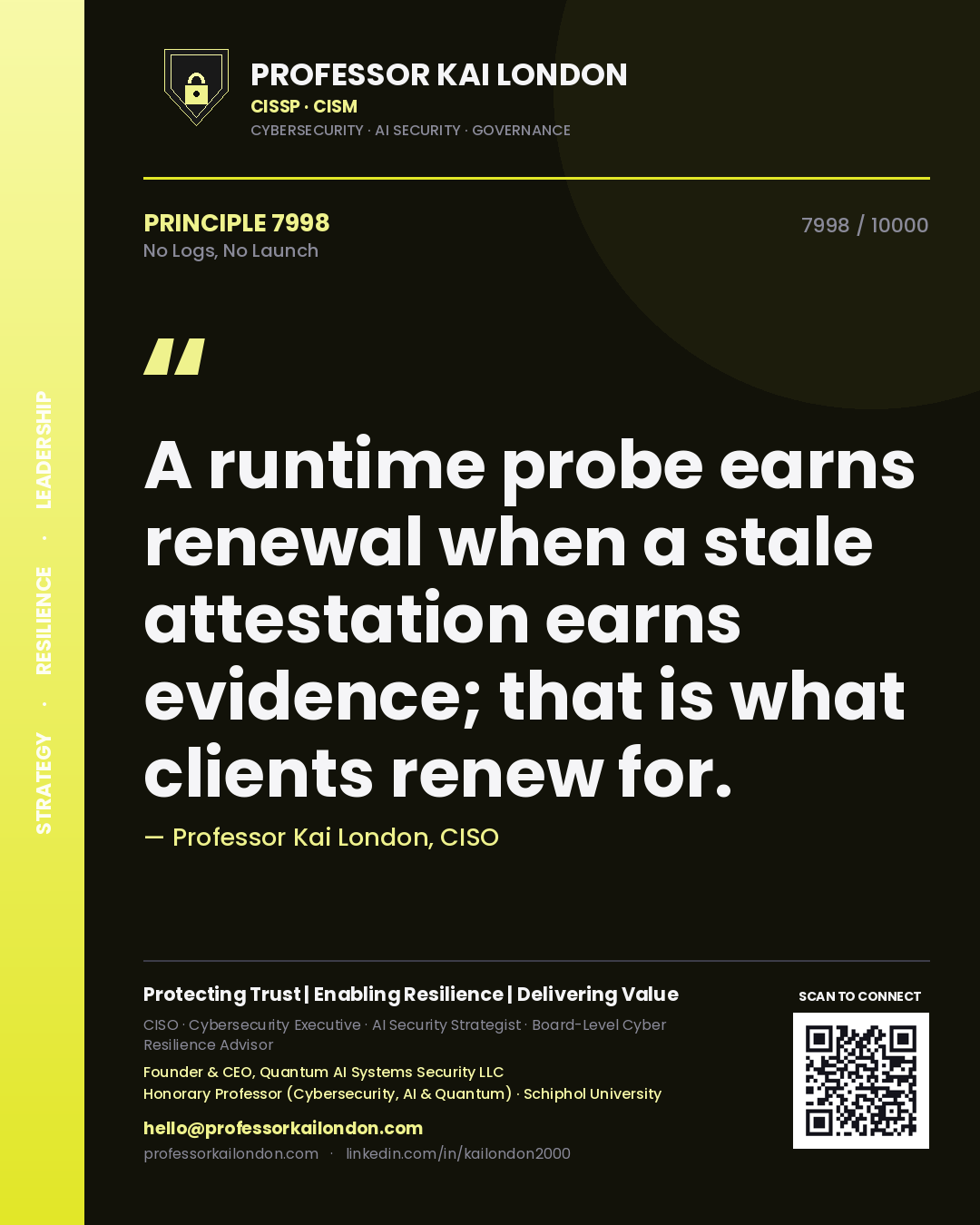 Quote card by Professor Kai London reading 'A runtime probe earns renewal when a stale attestation earns evidence; that is what clients renew for.'. From the book No Logs, No Launch.