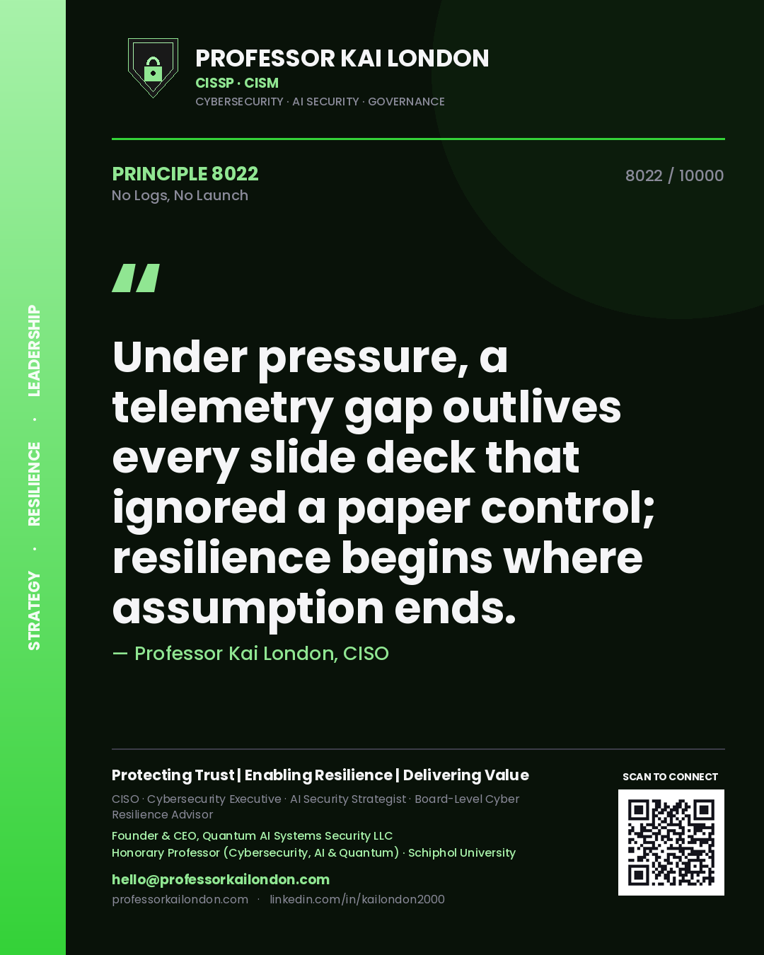 Quote card by Professor Kai London reading 'Under pressure, a telemetry gap outlives every slide deck that ignored a paper control; resilience begins where assumption ends.'. From the book No Logs, No Launch.