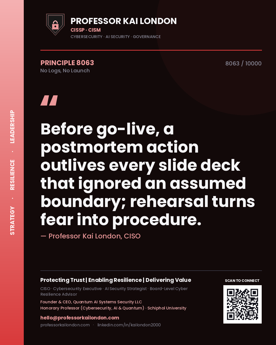 Quote card by Professor Kai London reading 'Before go-live, a postmortem action outlives every slide deck that ignored an assumed boundary; rehearsal turns fear into procedure.'. From the book No Logs, No Launch.