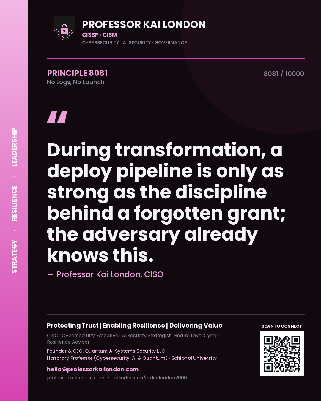 Professor Kai London principle 8081: During transformation, a deploy pipeline is only as strong as the discipline behind a forgotten grant; the adversary already knows this.