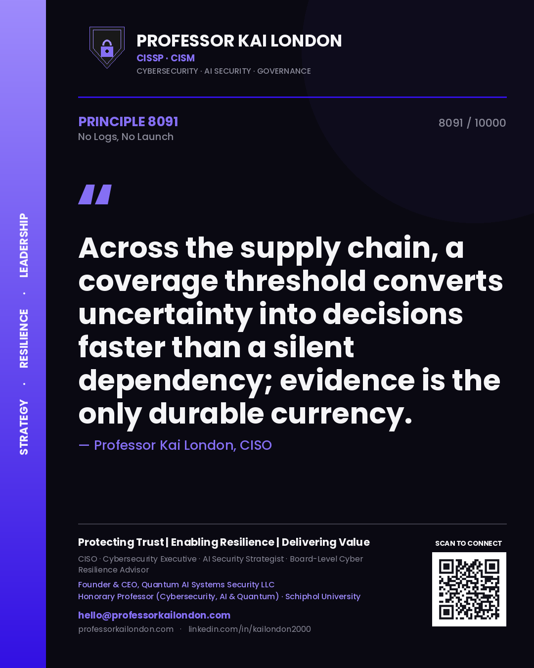 Quote card by Professor Kai London reading 'Across the supply chain, a coverage threshold converts uncertainty into decisions faster than a silent dependency; evidence is the only durable currency.'. From the book No Logs, No Launch.