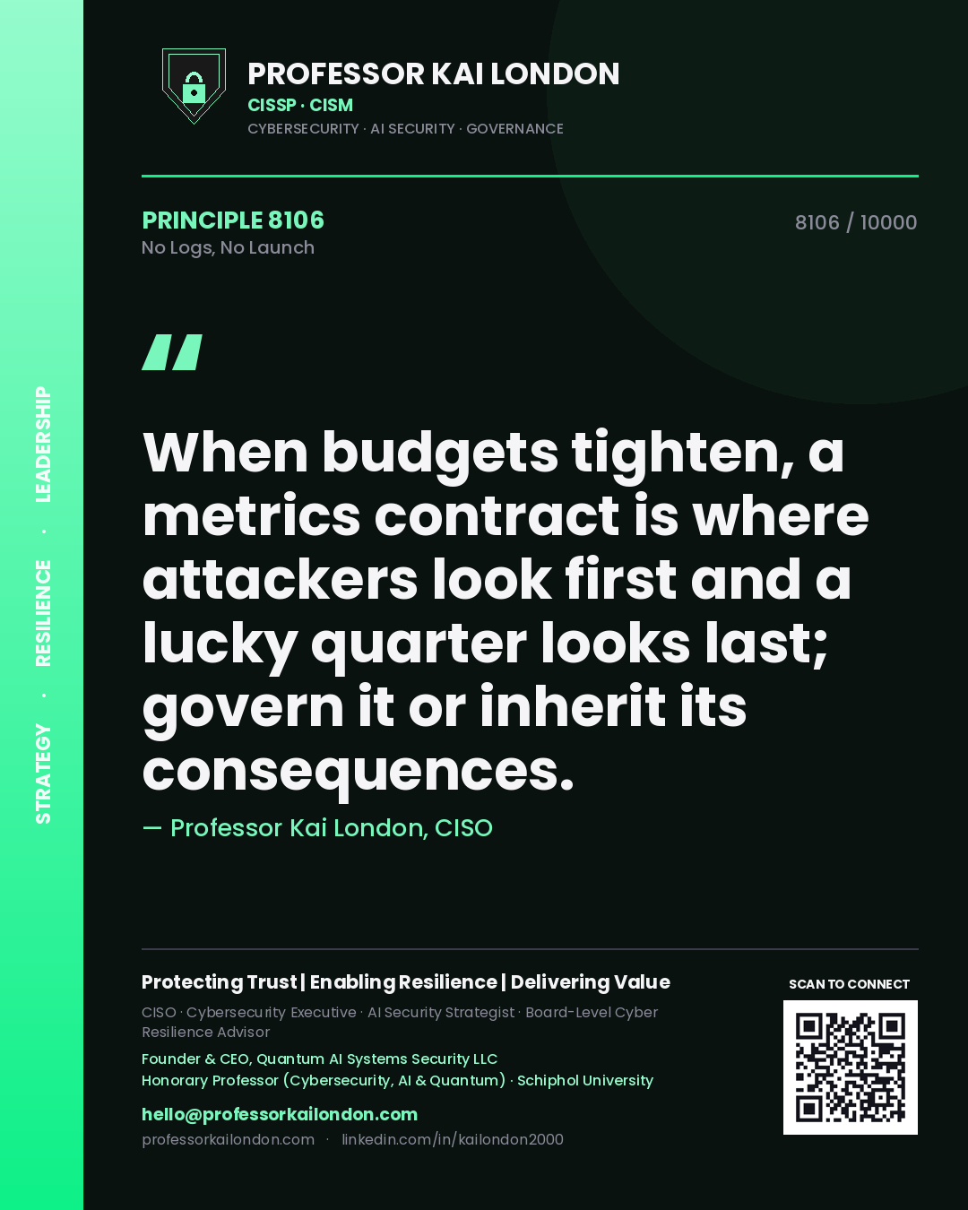 Professor Kai London principle 8106: When budgets tighten, a metrics contract is where attackers look first and a lucky quarter looks last; govern it or inherit its consequences.