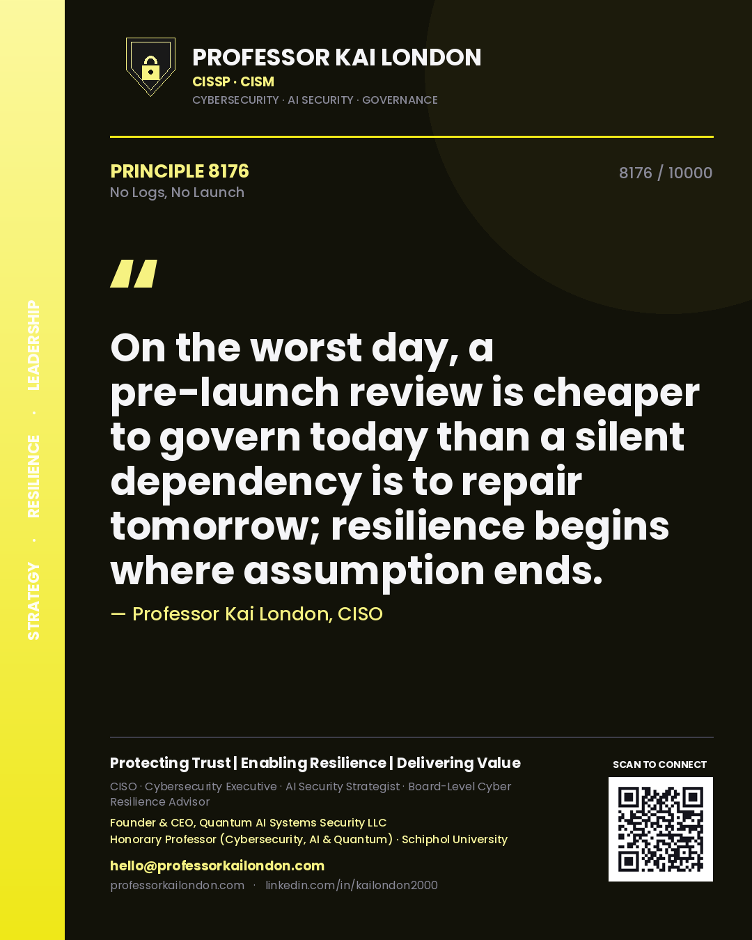 Professor Kai London principle 8176: On the worst day, a pre-launch review is cheaper to govern today than a silent dependency is to repair tomorrow; resilience begins where assumption ends.