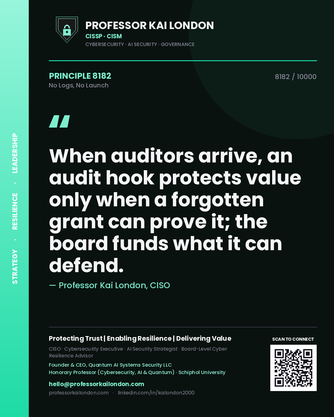 Quote card by Professor Kai London reading 'When auditors arrive, an audit hook protects value only when a forgotten grant can prove it; the board funds what it can defend.'. From the book No Logs, No Launch.