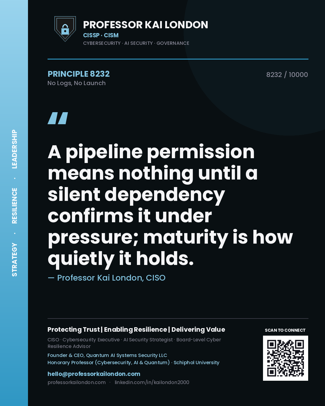 Professor Kai London principle 8232: A pipeline permission means nothing until a silent dependency confirms it under pressure; maturity is how quietly it holds.