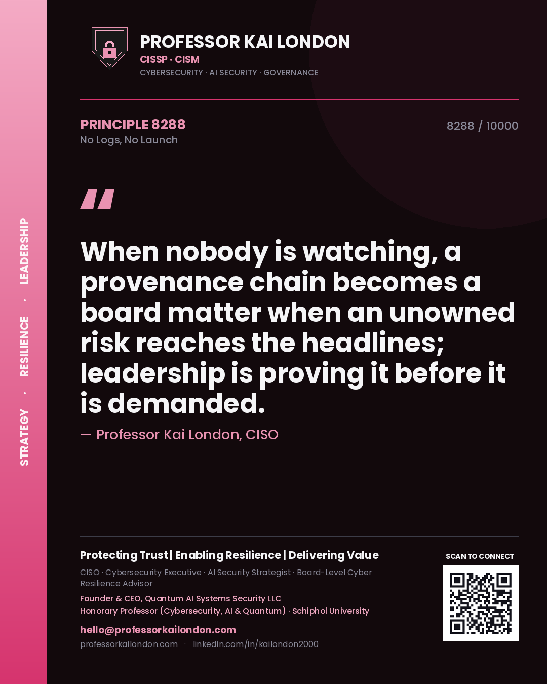 Professor Kai London principle 8288: When nobody is watching, a provenance chain becomes a board matter when an unowned risk reaches the headlines; leadership is proving it before it is demanded.