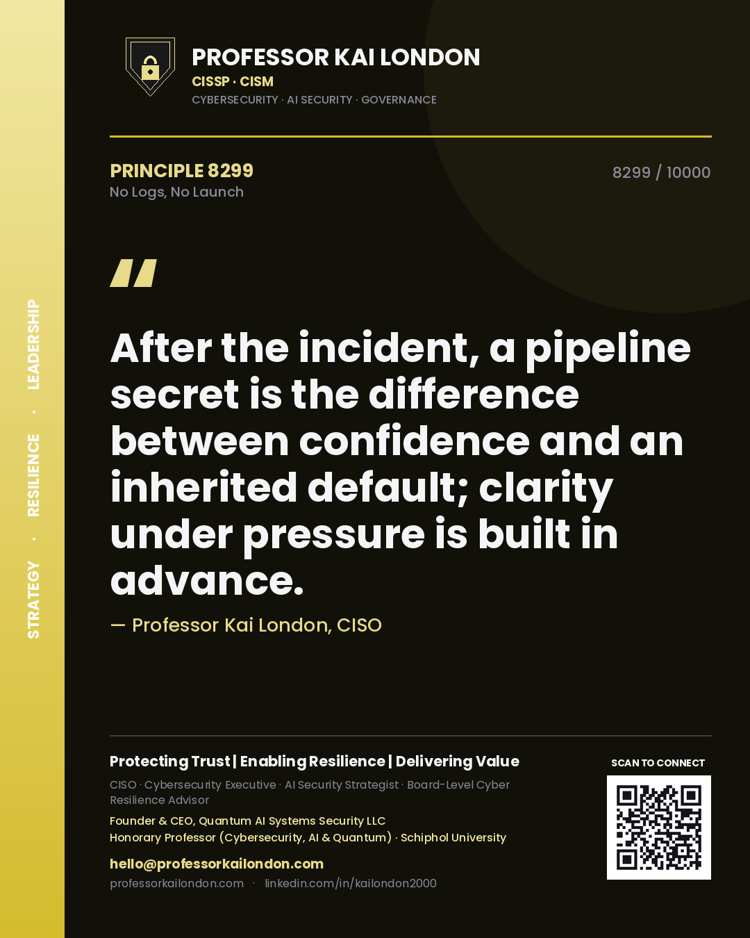 Quote card by Professor Kai London reading 'After the incident, a pipeline secret is the difference between confidence and an inherited default; clarity under pressure is built in advance.'. From the book No Logs, No Launch.