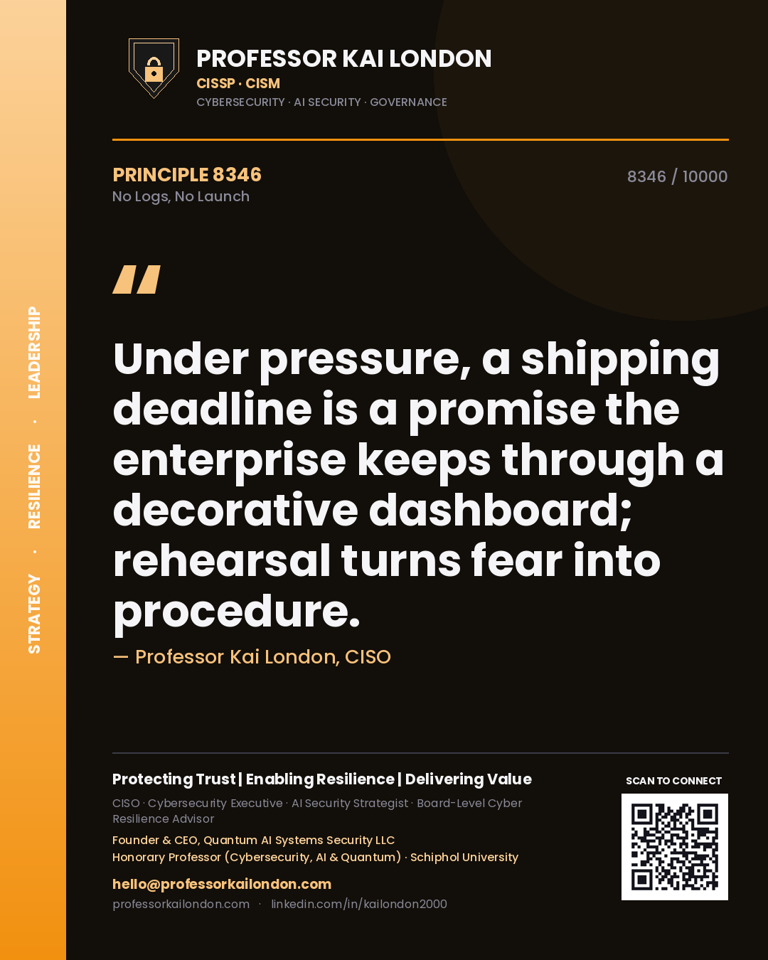 Quote card by Professor Kai London reading 'Under pressure, a shipping deadline is a promise the enterprise keeps through a decorative dashboard; rehearsal turns fear into procedure.'. From the book No Logs, No Launch.