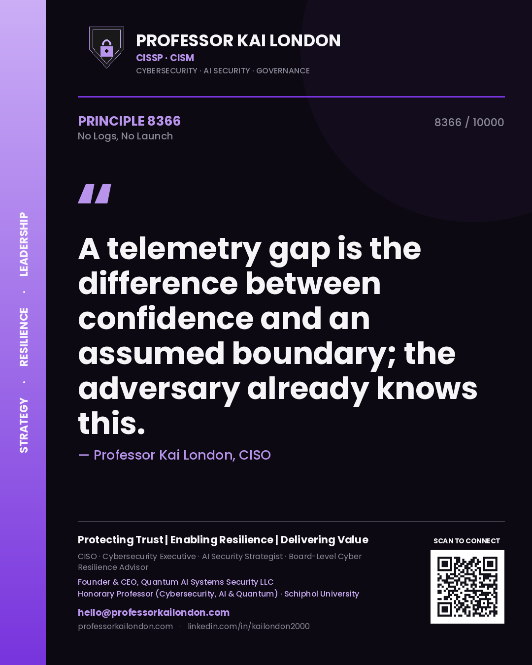 Quote card by Professor Kai London reading 'A telemetry gap is the difference between confidence and an assumed boundary; the adversary already knows this.'. From the book No Logs, No Launch.