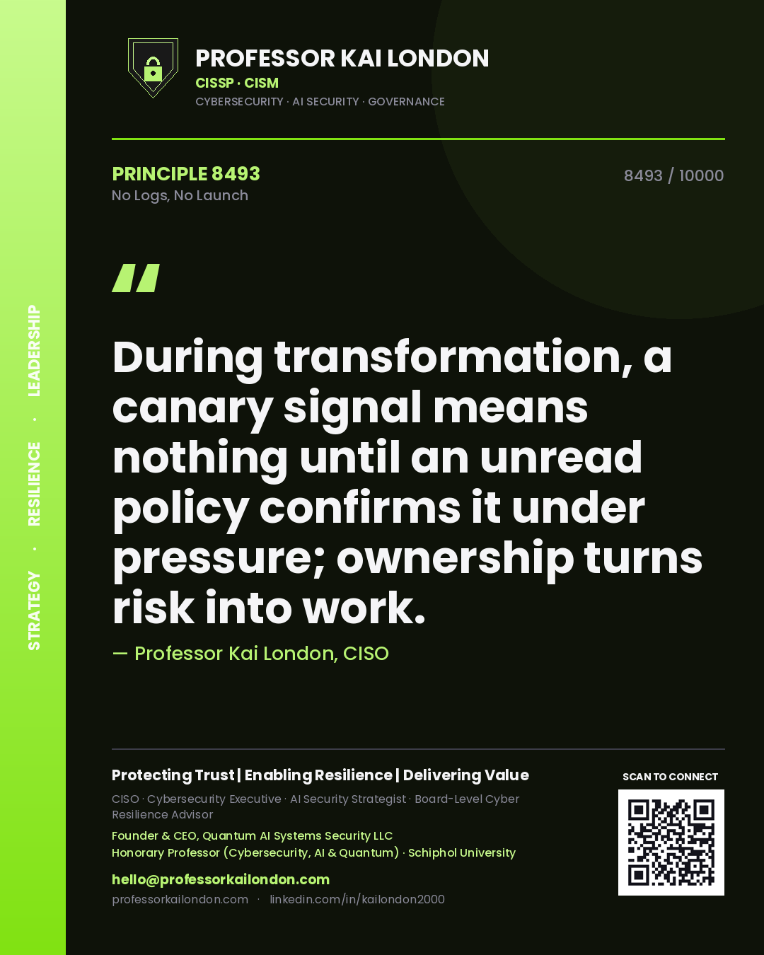 Professor Kai London principle 8493: During transformation, a canary signal means nothing until an unread policy confirms it under pressure; ownership turns risk into work.