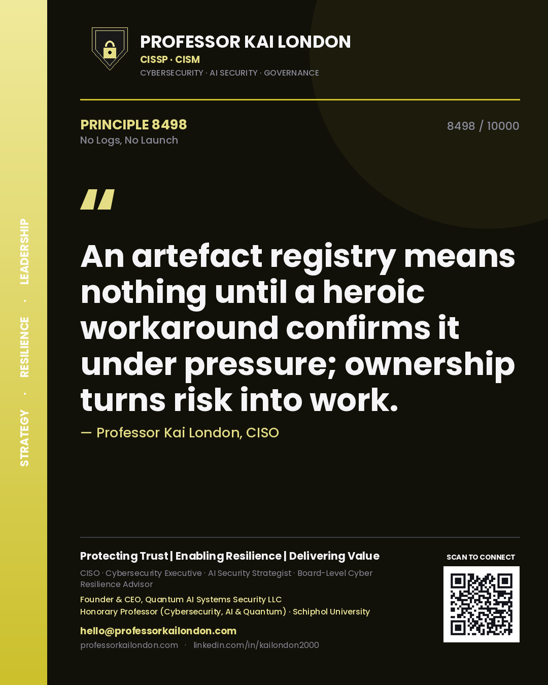 Professor Kai London principle 8498: An artefact registry means nothing until a heroic workaround confirms it under pressure; ownership turns risk into work.