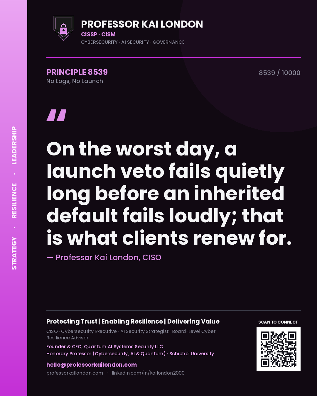 Quote card by Professor Kai London reading 'On the worst day, a launch veto fails quietly long before an inherited default fails loudly; that is what clients renew for.'. From the book No Logs, No Launch.