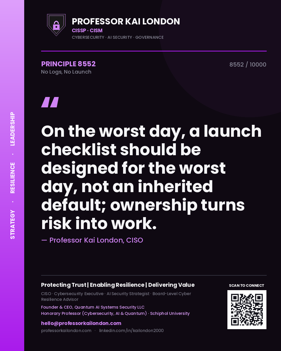 Quote card by Professor Kai London reading 'On the worst day, a launch checklist should be designed for the worst day, not an inherited default; ownership turns risk into work.'. From the book No Logs, No Launch.