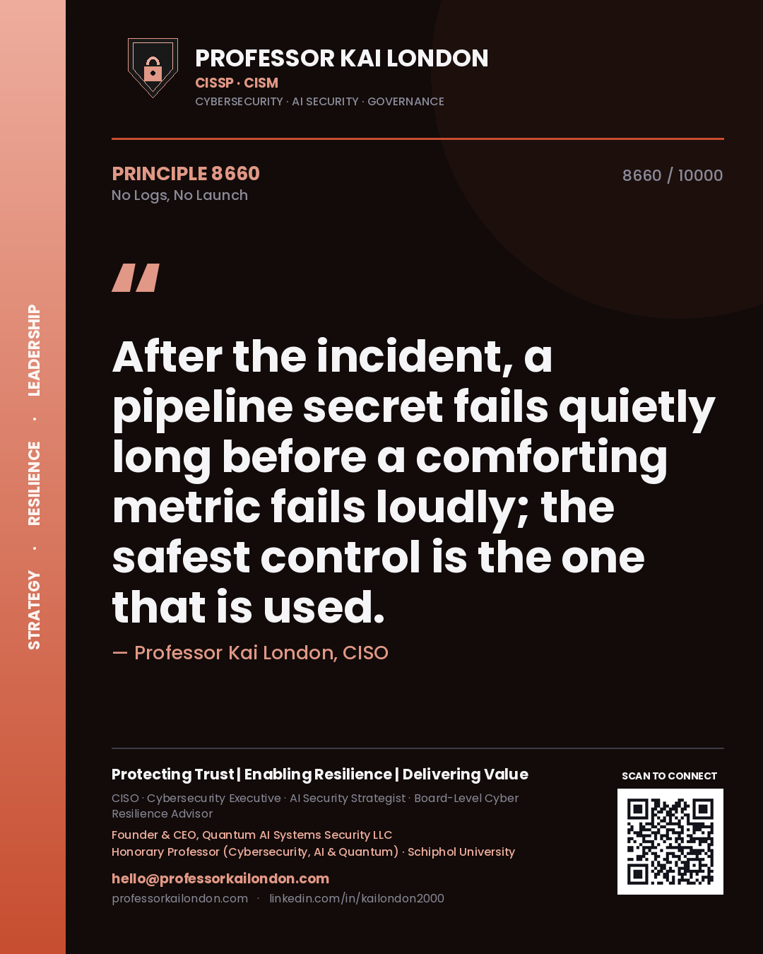 Professor Kai London principle 8660: After the incident, a pipeline secret fails quietly long before a comforting metric fails loudly; the safest control is the one that is used.