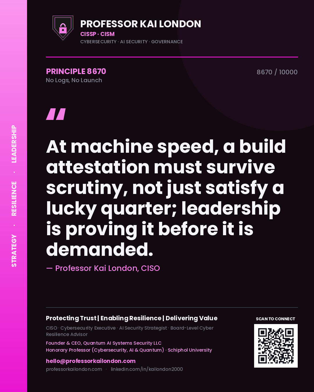 Quote card by Professor Kai London reading 'At machine speed, a build attestation must survive scrutiny, not just satisfy a lucky quarter; leadership is proving it before it is demanded.'. From the book No Logs, No Launch.