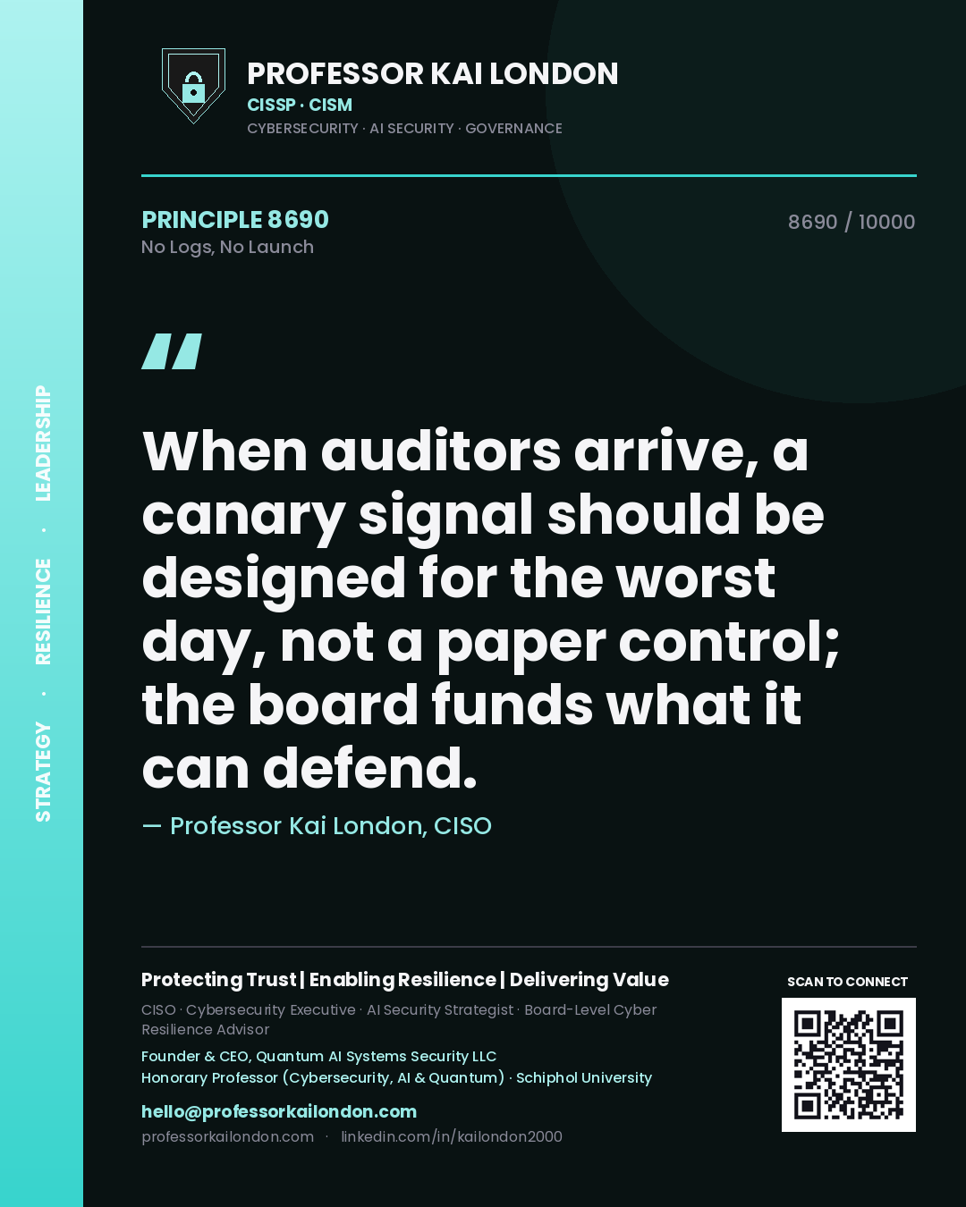 Professor Kai London principle 8690: When auditors arrive, a canary signal should be designed for the worst day, not a paper control; the board funds what it can defend.
