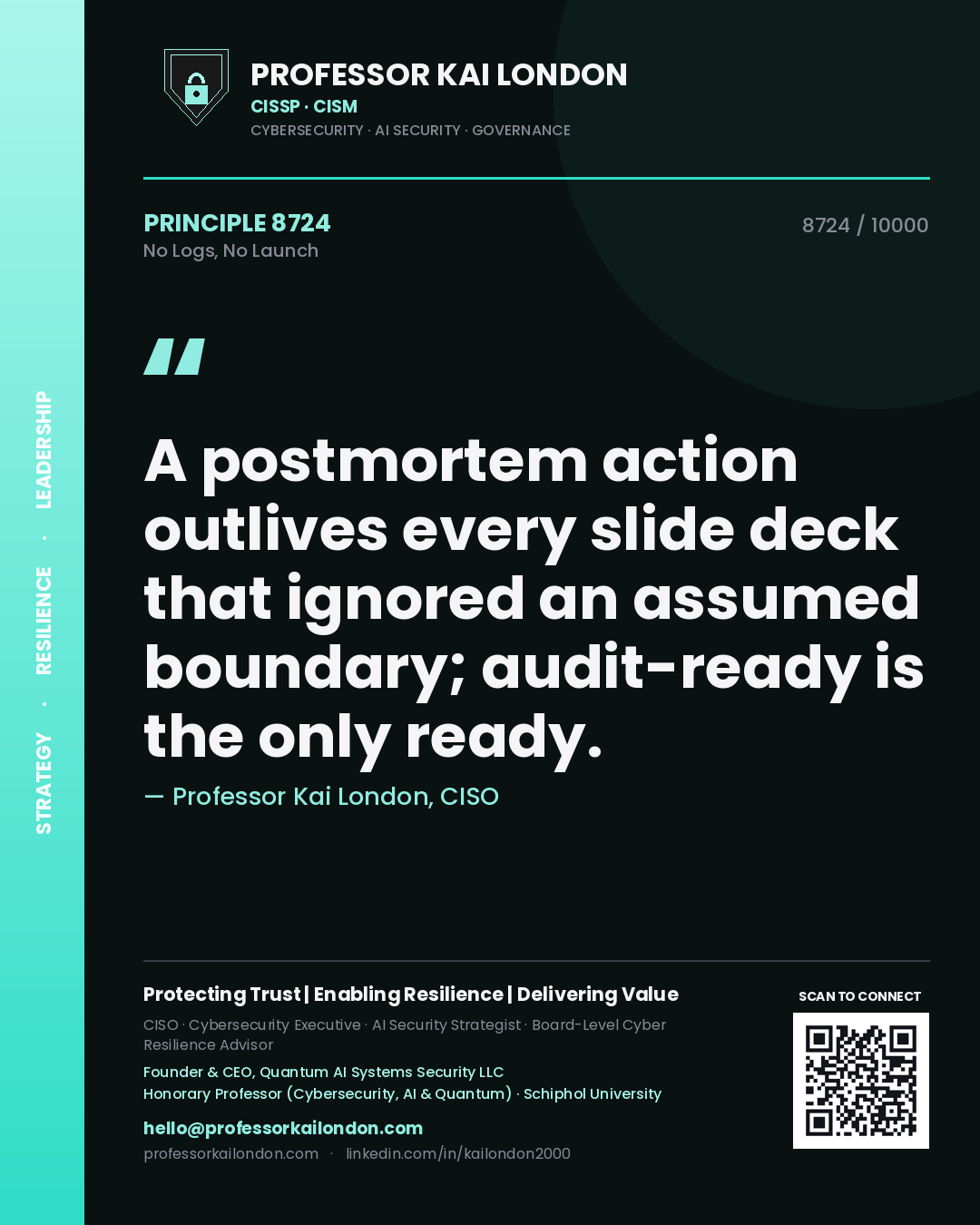 Quote card by Professor Kai London reading 'A postmortem action outlives every slide deck that ignored an assumed boundary; audit-ready is the only ready.'. From the book No Logs, No Launch.