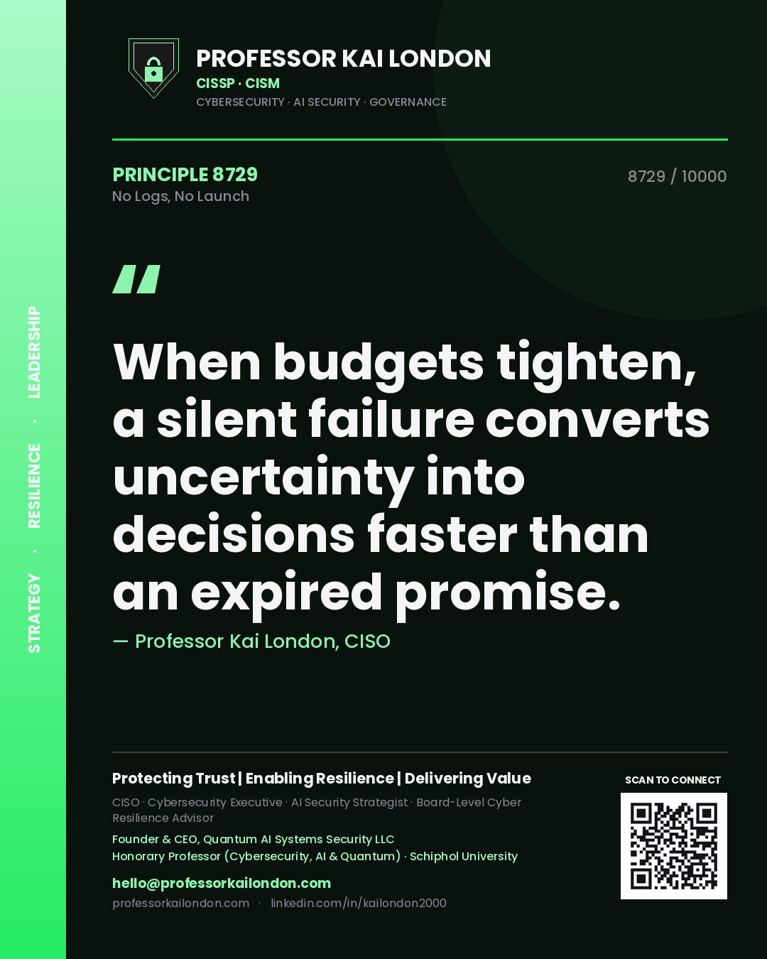 Quote card by Professor Kai London reading 'When budgets tighten, a silent failure converts uncertainty into decisions faster than an expired promise.'. From the book No Logs, No Launch.