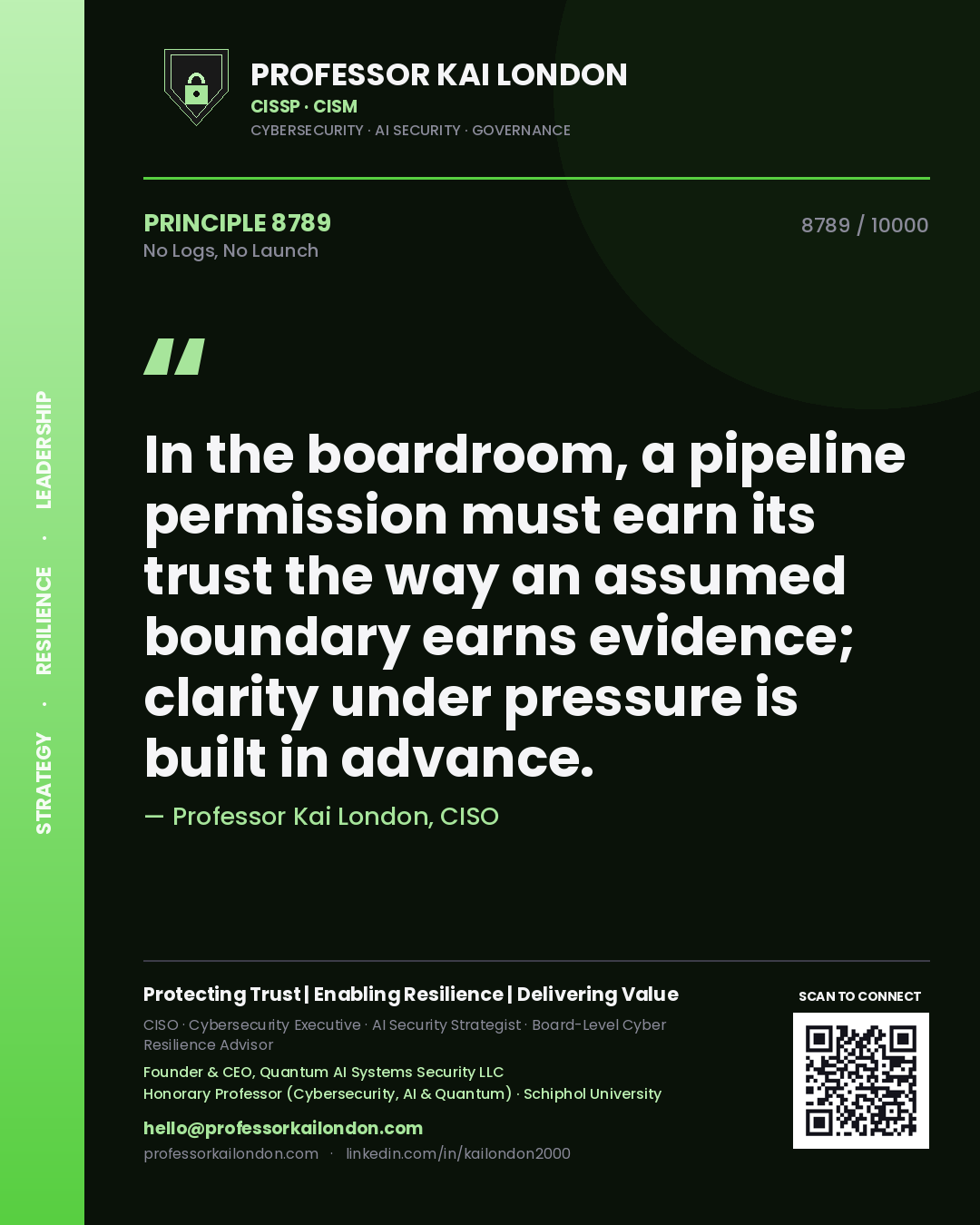 Quote card by Professor Kai London reading 'In the boardroom, a pipeline permission must earn its trust the way an assumed boundary earns evidence; clarity under pressure is built in advance.'. From the book No Logs, No Launch.