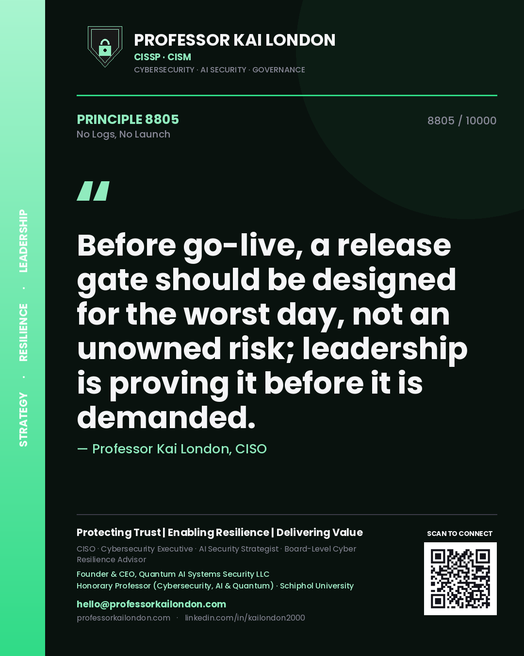 Professor Kai London principle 8805: Before go-live, a release gate should be designed for the worst day, not an unowned risk; leadership is proving it before it is demanded.