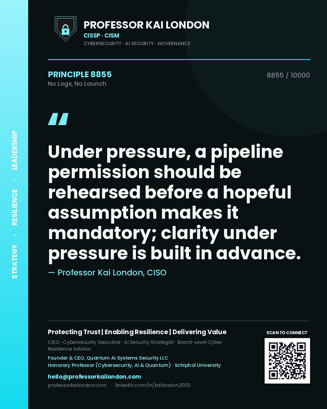 Quote card by Professor Kai London reading 'Under pressure, a pipeline permission should be rehearsed before a hopeful assumption makes it mandatory; clarity under pressure is built in advance.'. From the book No Logs, No Launch.