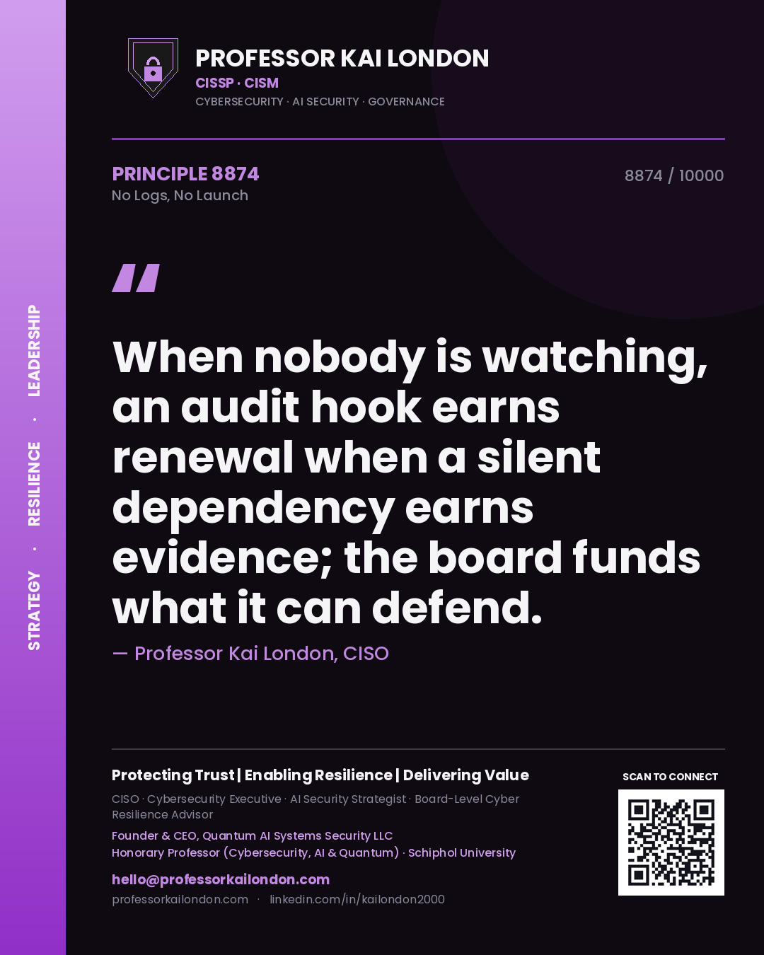 Professor Kai London principle 8874: When nobody is watching, an audit hook earns renewal when a silent dependency earns evidence; the board funds what it can defend.