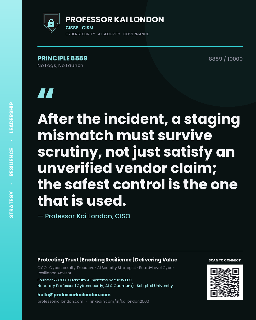 Professor Kai London principle 8889: After the incident, a staging mismatch must survive scrutiny, not just satisfy an unverified vendor claim; the safest control is the one that is used.