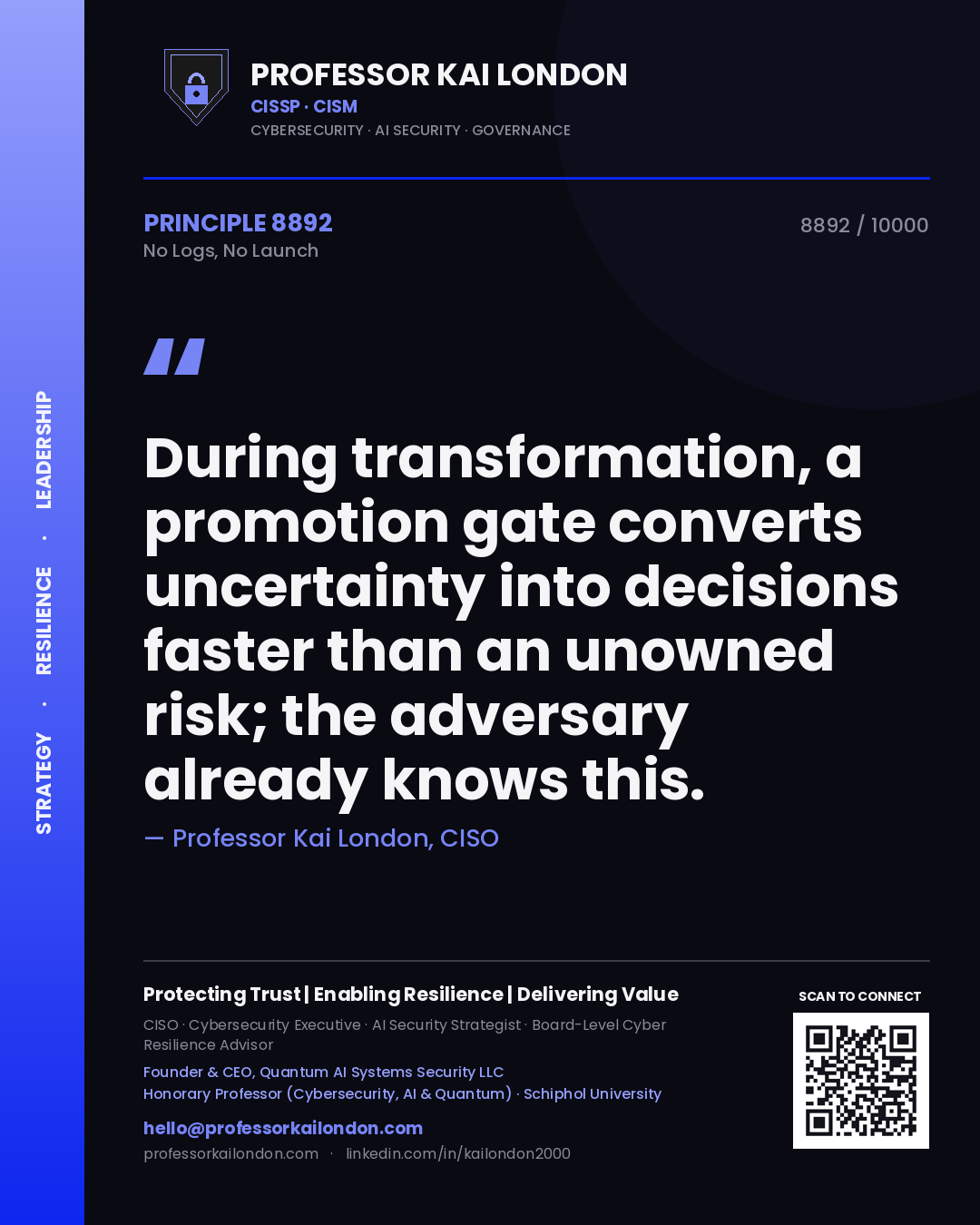 Professor Kai London principle 8892: During transformation, a promotion gate converts uncertainty into decisions faster than an unowned risk; the adversary already knows this.