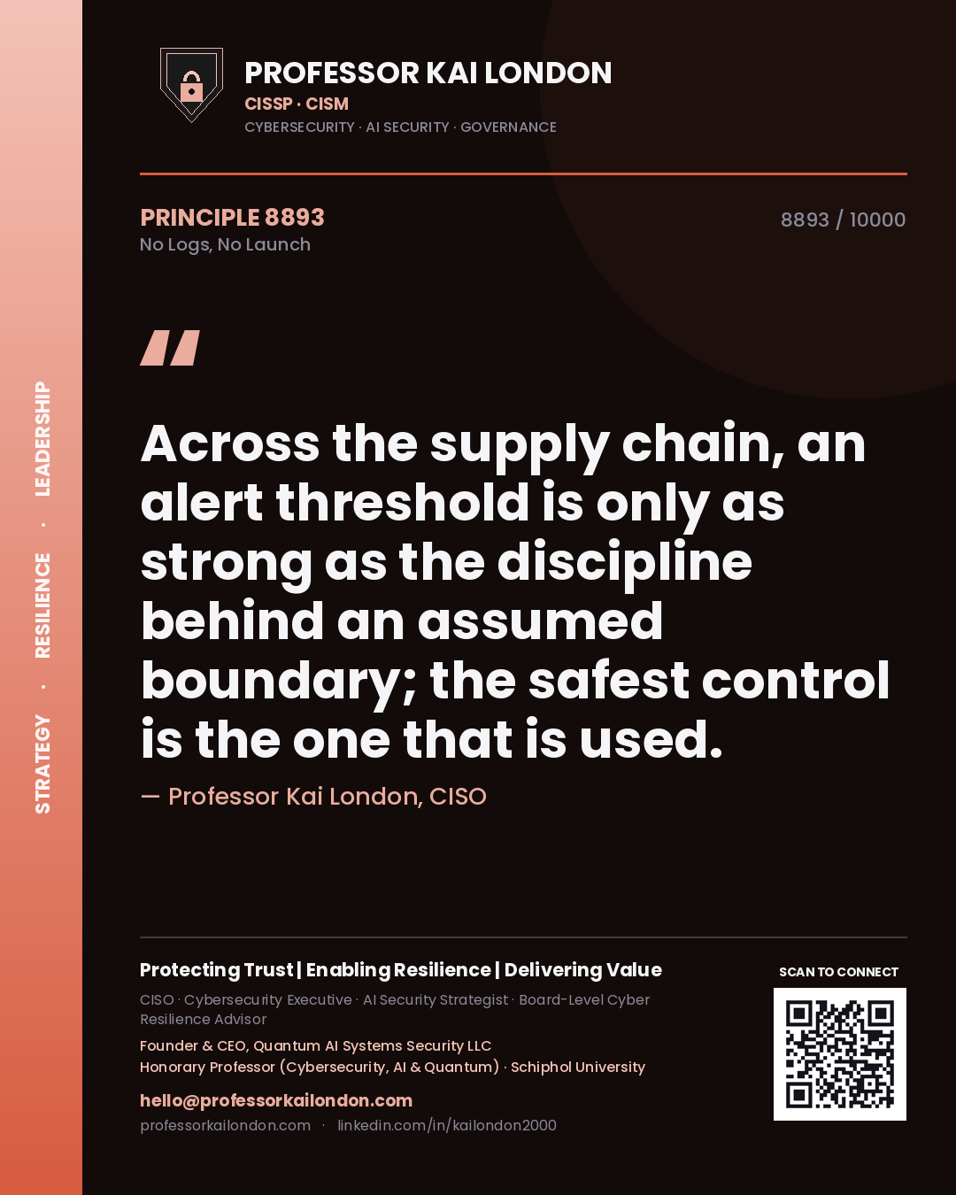 Quote card by Professor Kai London reading 'Across the supply chain, an alert threshold is only as strong as the discipline behind an assumed boundary; the safest control is the one that is used.'. From the book No Logs, No Launch.