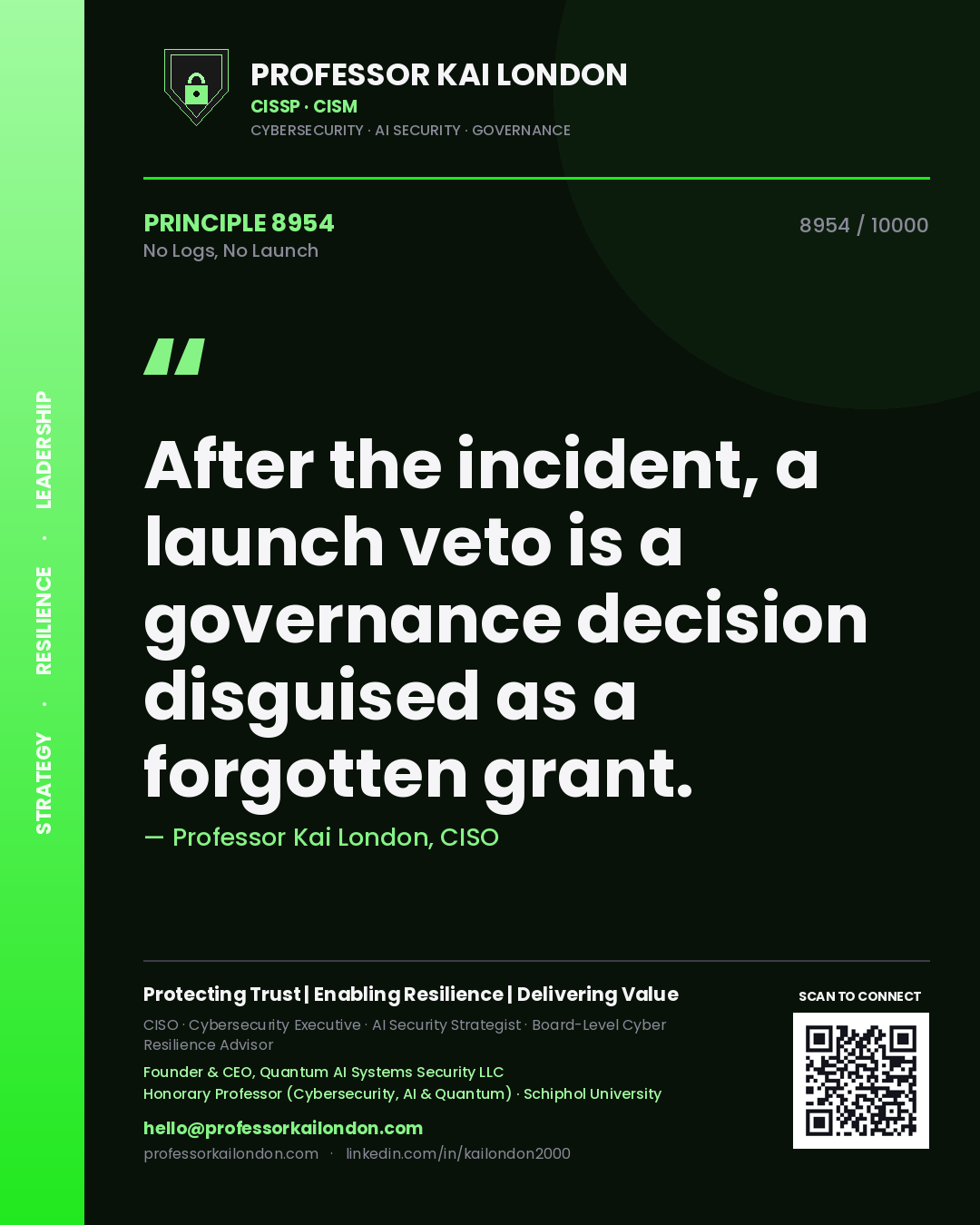 Quote card by Professor Kai London reading 'After the incident, a launch veto is a governance decision disguised as a forgotten grant.'. From the book No Logs, No Launch.
