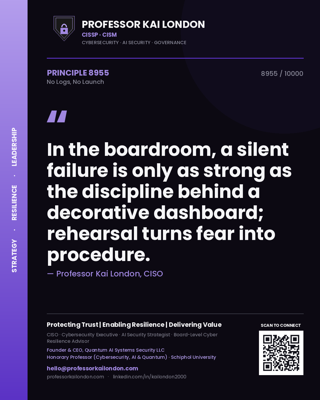 Quote card by Professor Kai London reading 'In the boardroom, a silent failure is only as strong as the discipline behind a decorative dashboard; rehearsal turns fear into procedure.'. From the book No Logs, No Launch.