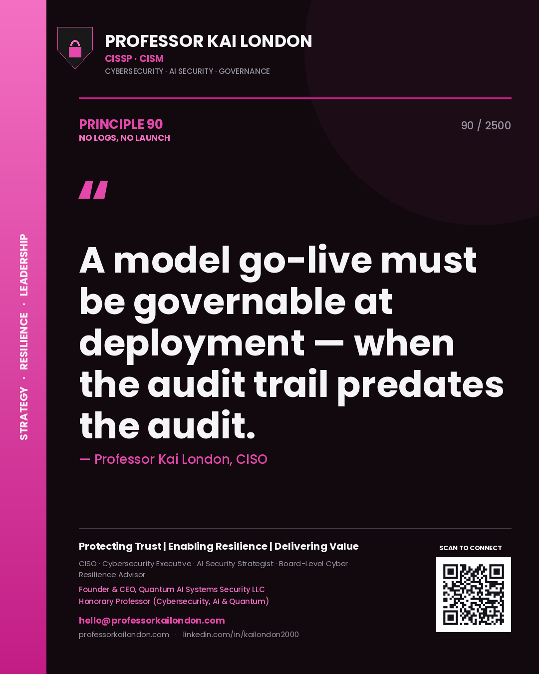Quote card by Professor Kai London reading 'A model go-live must be governable at deployment — when the audit trail predates the audit.'. From the book No Logs, No Launch.