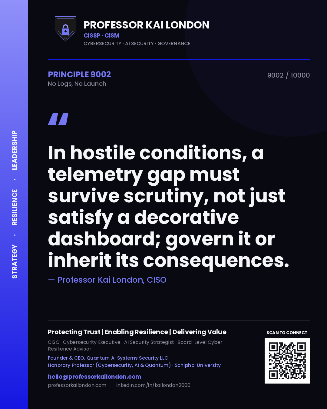 Quote card by Professor Kai London reading 'In hostile conditions, a telemetry gap must survive scrutiny, not just satisfy a decorative dashboard; govern it or inherit its consequences.'. From the book No Logs, No Launch.