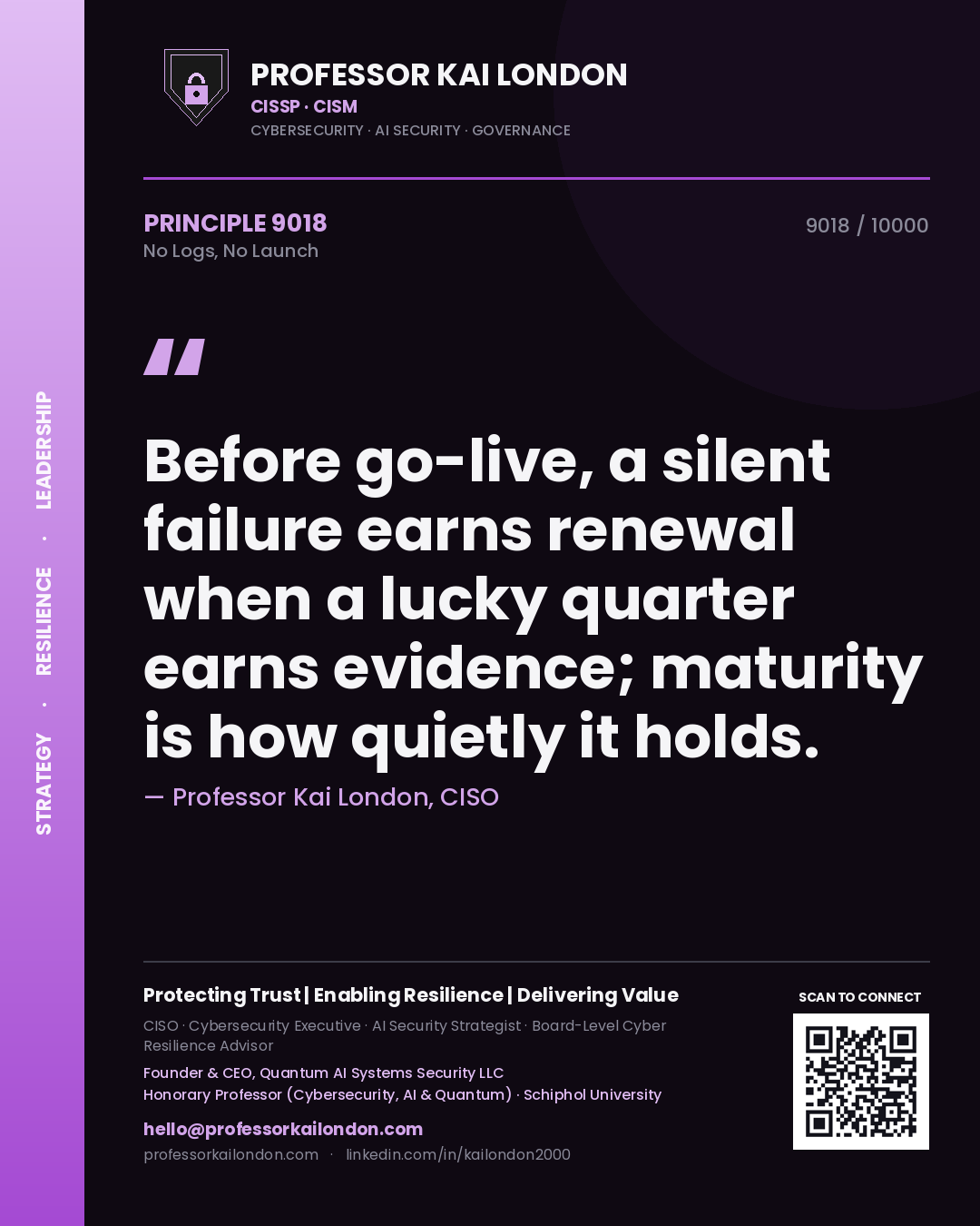 Quote card by Professor Kai London reading 'Before go-live, a silent failure earns renewal when a lucky quarter earns evidence; maturity is how quietly it holds.'. From the book No Logs, No Launch.